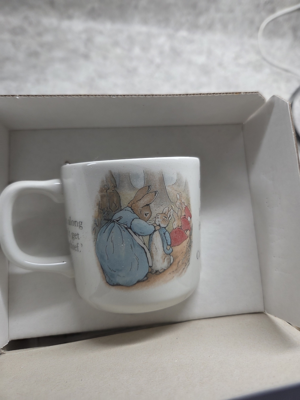 Wedgwood White Ceramic Mug with Blue and Red Bunny Illustration